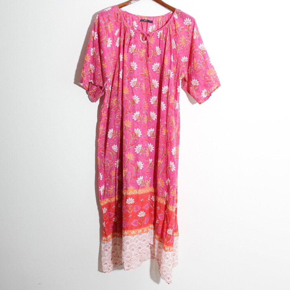 Gudrun Sjogren Floral Midi Dress Cotton Pink Orange Red Colorblock Size Large